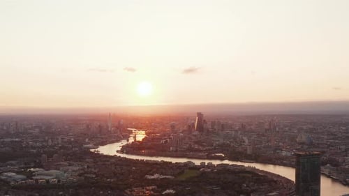 Aerial Panoramic View of River Thames Calmly Flowing Through City