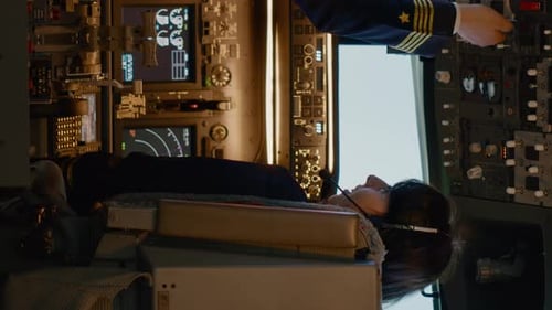 Female Pilot in Aircraft Cockpit Adjusting Controls