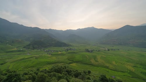 Time lapse of paddy rice terraces, green agricultural fields in Vietnam.