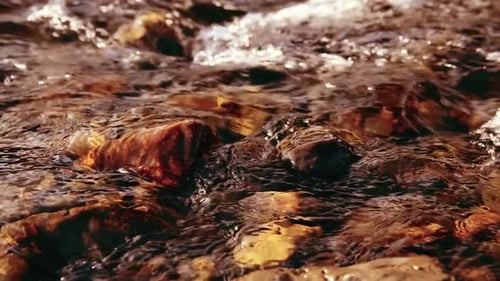 Dolly Slider Shot of the Splashing Water in a Mountain River Near Forest
