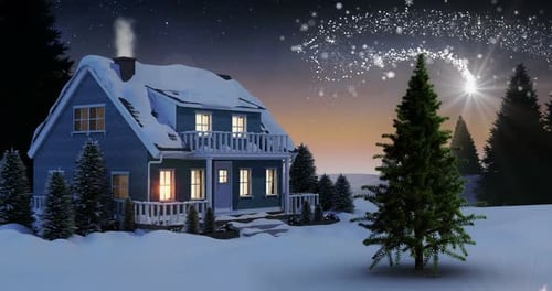 Illustration von Haus und schneebedeckten Bäumen in einer verschneiten Landschaft 4k