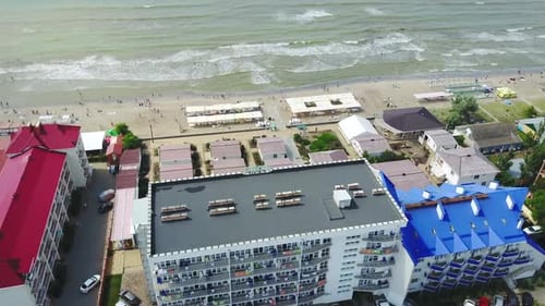 Aerial view over resorts and beachfront travel location