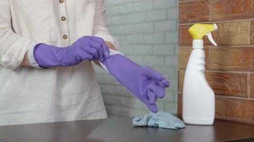 Adult Putting on Purple Cleaning Gloves Indoors