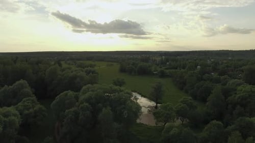 In the Countryside at Sunset, Aerial View