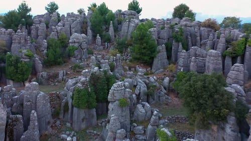 Amazing Landscape with Unique Rock Formations and Green Woods