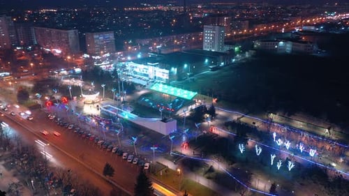 Arial View Shot Christmas Tree Festive Lights Fair Market Taken on Winter Night