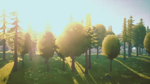 Cartoon Green Forest Landscape with Trees and Flowers
