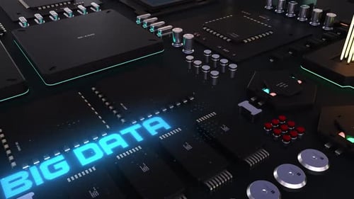 encabezado de big data en el fondo de microprocesadores en una placa de circuito.