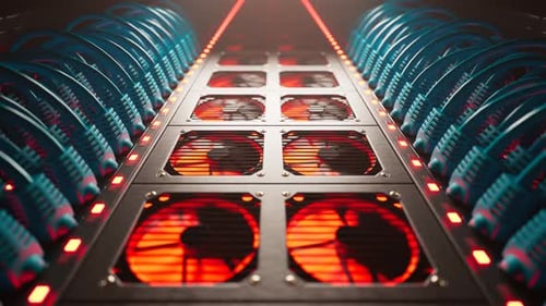 Futuristic Server Room Technology Loop with Red Fans