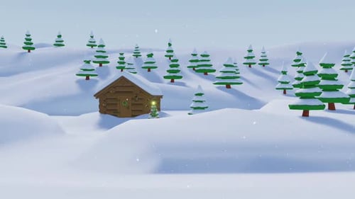 Animated Christmas Winter Scene with Cabin and Snowfall