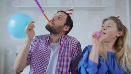 Parties on Network, Cute Funny Married Couple of Men and Women in Hats with Balls and Pipes Having