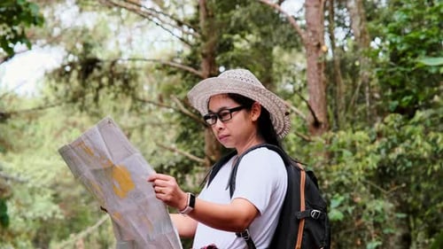 Happy young tourist woman with backpacks in a tropical forest. A female tourist finds a walking path