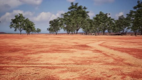 Slow Pan Across Arid Landscape with Scattered Green Trees