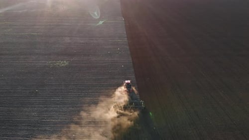 Aerial View Modern Red Tractor on the Agricultural Field on Sunset Time. Tractor Plowing Land and