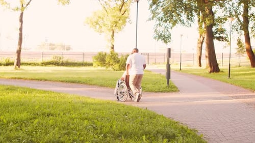 African-American caregiver and old disabled man in a wheelchair. Nurse and patient.