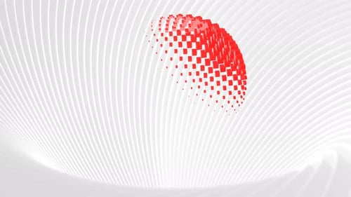 Sphere Consisting of Cubes Red Color Rotates in the Center of Rotating Spirals