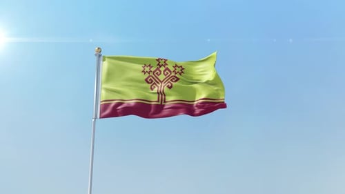 Realistic Waving Flag Animation in Clear Blue Sky with Sun Flare