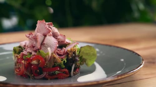 Delicious Meat Salad with Fresh Vegetables Close-Up