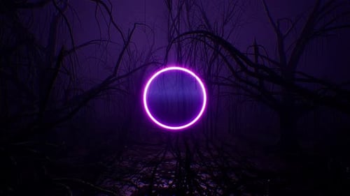 Glowing Purple Neon Circle Light in the Dark Forest 4K