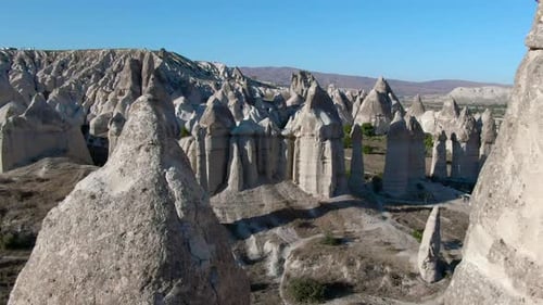 Flying over rock formations at Love Valley, Cappadocia, Turkey