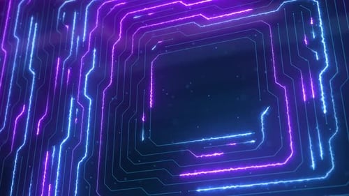 Futuristic Digital Circuit Board Animation with Glowing Neon Lines
