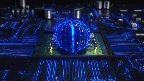 Artificial Intelligence Brain CPU on Circuit Board with Glowing Connections
