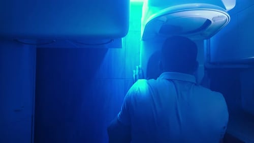Man Repairing Electrical Appliance in Blue Bathroom