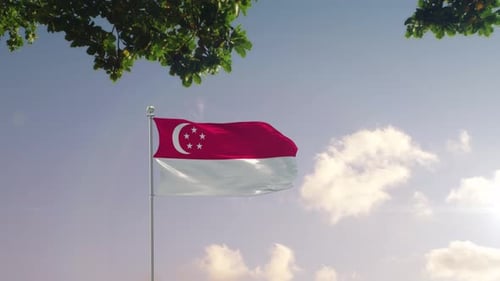 Realistic Singapore Flag Waving Over City Skyline