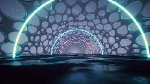 Fluorescent Ultraviolet Light, Glowing Neon Lines, Moving Forward Inside Tunnel