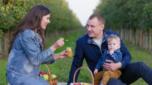 Family Picnic with Baby in an Orchard