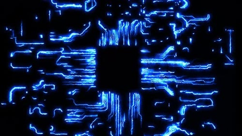 dynamischer Hintergrund der virtuellen Leiterplatte mit Chip. zyklische Animation zum Thema Technologie