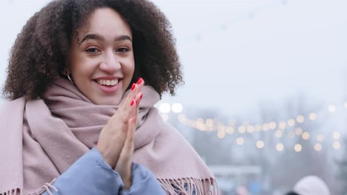 Smiling African American Girl 2030 Years Old Millennial Woman Model Stands on Street in Crowded