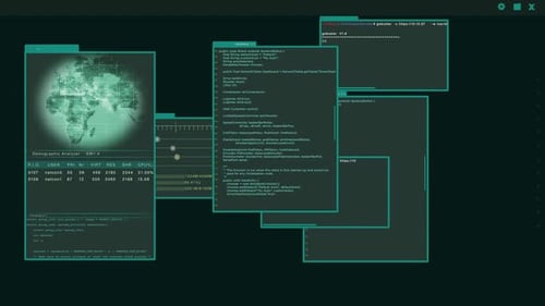 Interface virtuelle ou HUD affichant plusieurs fenêtres avec du code de piratage en cours d'exécution