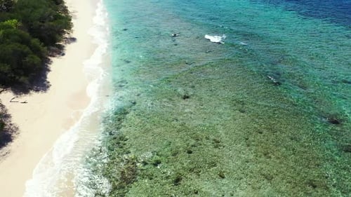 Aerial view tourism of exotic island beach break by blue lagoon with white sandy background of a day