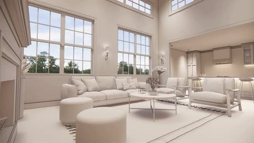 Modern Interior Design Wireframe to Render Transition