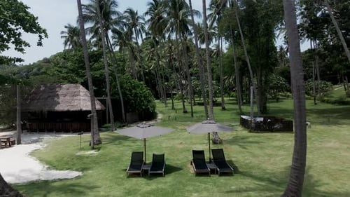 A Drone Shot of a Beautiful Nature Along with the Pool and Sunbeds