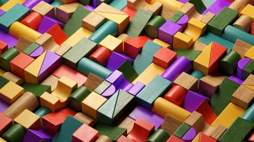 Juguete de bloques de madera multicolores colocado en un patrón infinito. Juego preescolar.