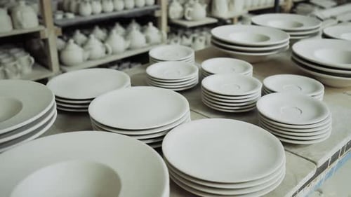 White Ceramic Plates are on the Shelves in the Production Shop
