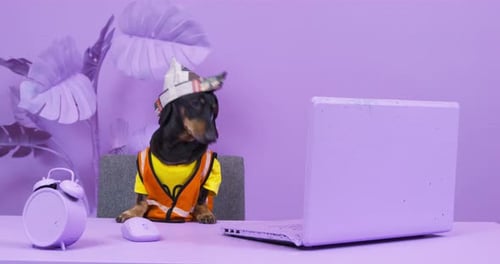 Dog Dressed as a Construction Worker at Computer