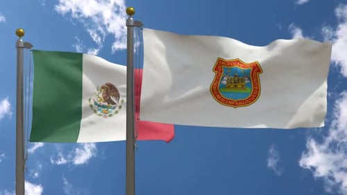 Mexico Flag and Mexico City Flag Waving with Blue Sky
