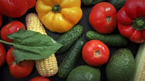 Fresh Colorful Washed Vegetables Overhead Close Up