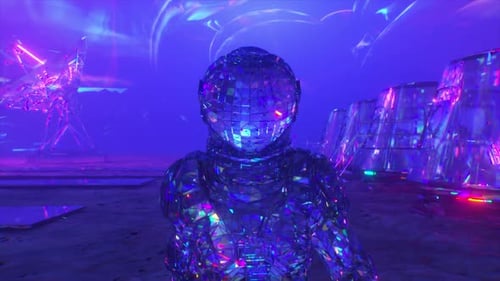 Futuristic Neon Disco Astronaut Walking in Abstract Space