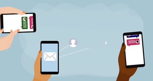 Menschen, die online chatten und Smartphones mit digitalen Icons halten