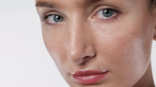 Portrait Sight Turn Cute Girl Look at Camera Serious Closeup White Background