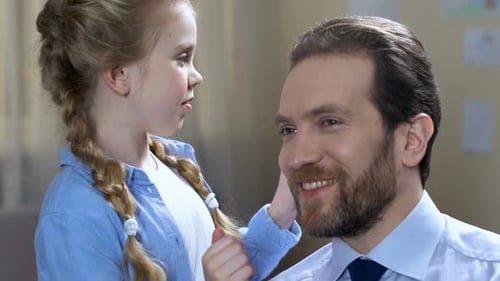 Playing School Girl Combing Father Hair With Pink Hairbrush, Happy Together
