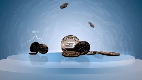 Futuristic Crypto Coins Falling on Digital Platform with Animated Graph