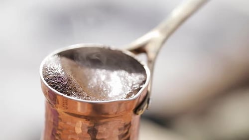 Copper Cezve for Coffee in Winter Mountains
