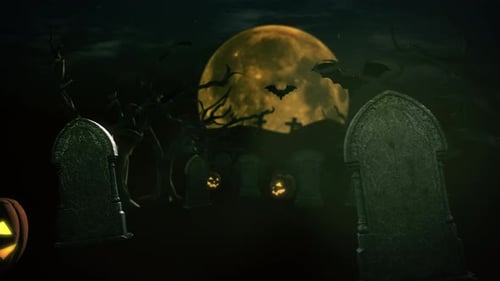 Animated Halloween Graveyard with Full Moon and Jack-O-Lanterns