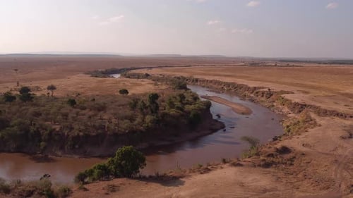 Aerial of Mara river and savannah