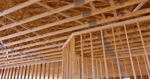 Panorama Top View of Stick Built Home Under Construction with Timber Frame Wooden Truss Post